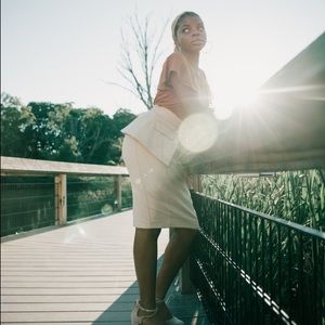 Khaki midi pencil skirt with belt